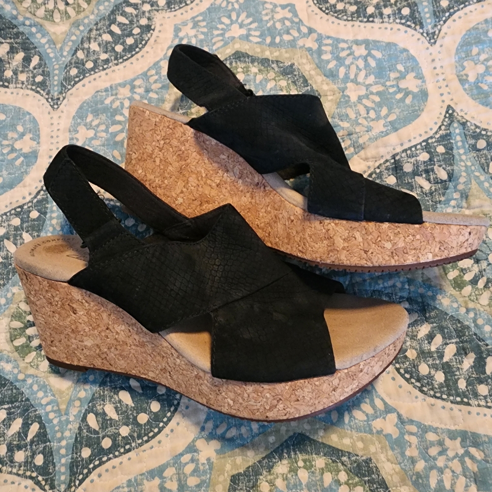 Clarks Black Cork Wedge Sandals – Women's Slingback Comfort Wedges 9